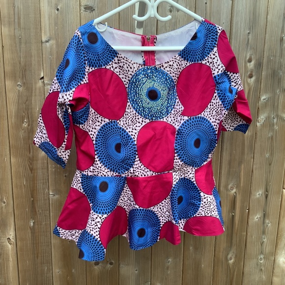 Beautiful Pink and Blue African Print Peplum, Embellished Top, Blouse For Sale - Picture 1 of 16